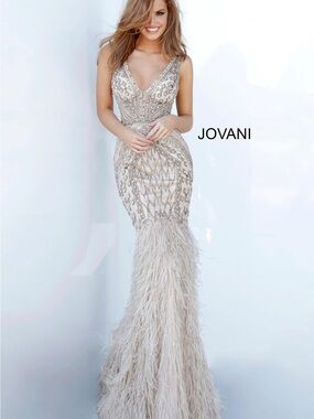 Jovani Champagne-Beige Beaded Feather Mermaid Gown